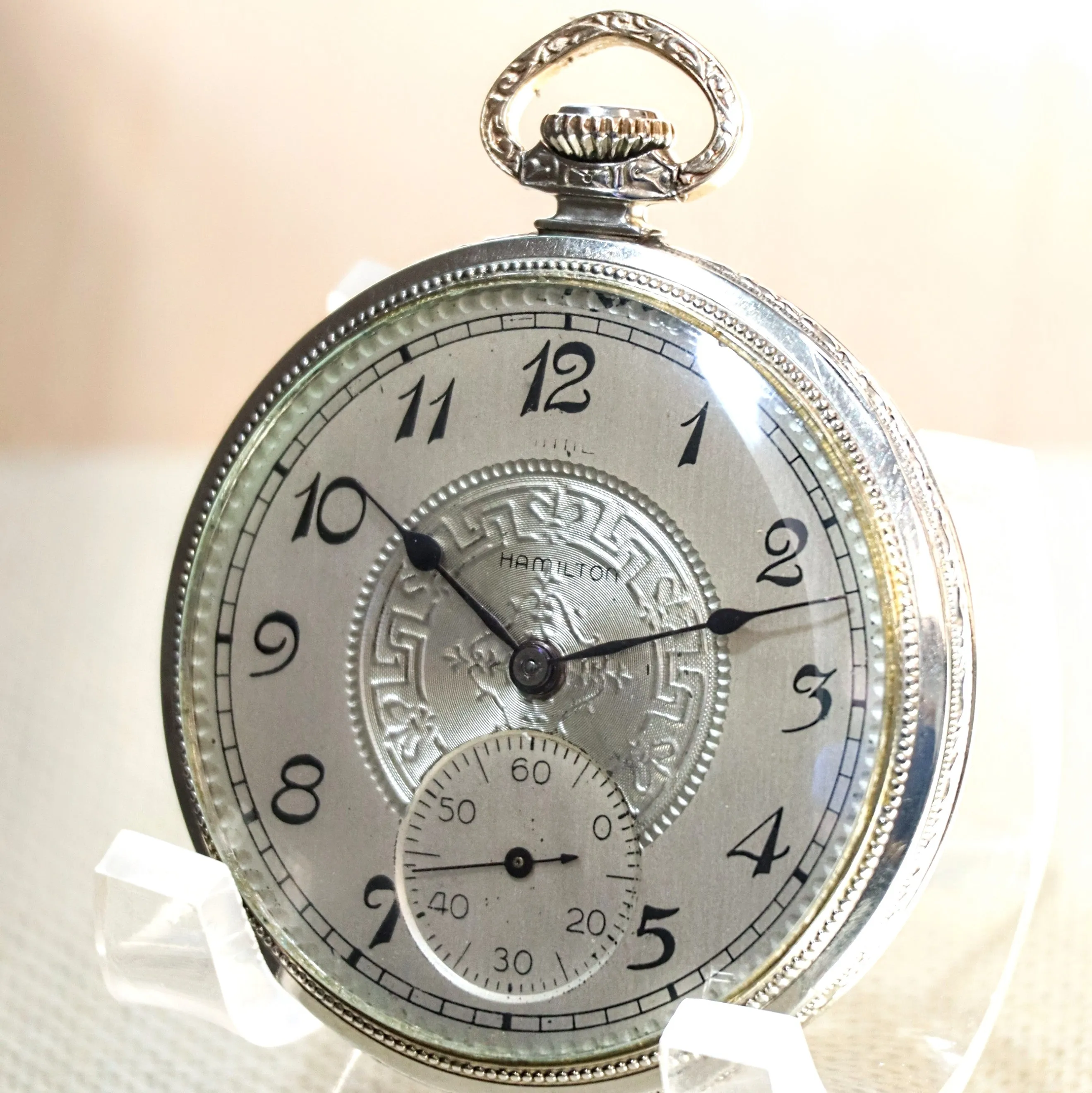1926 HAMILTON Dress Pocket Watch 12s Grade 912 17 Jewels Adjusted Engraved Decorative 14K White G.F. - Case serial # 6871431