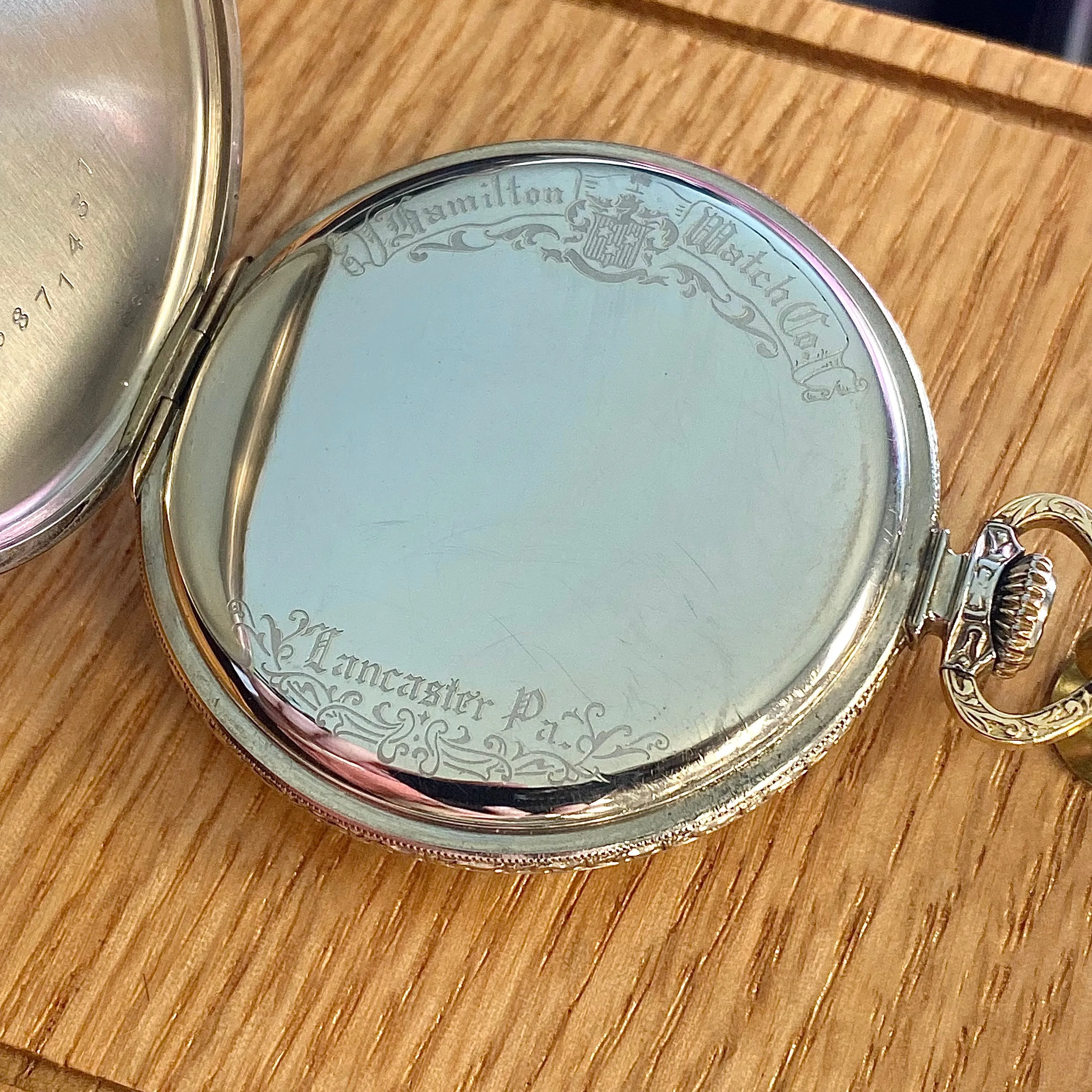 1926 HAMILTON Dress Pocket Watch 12s Grade 912 17 Jewels Adjusted Engraved Decorative 14K White G.F. - Case serial # 6871431
