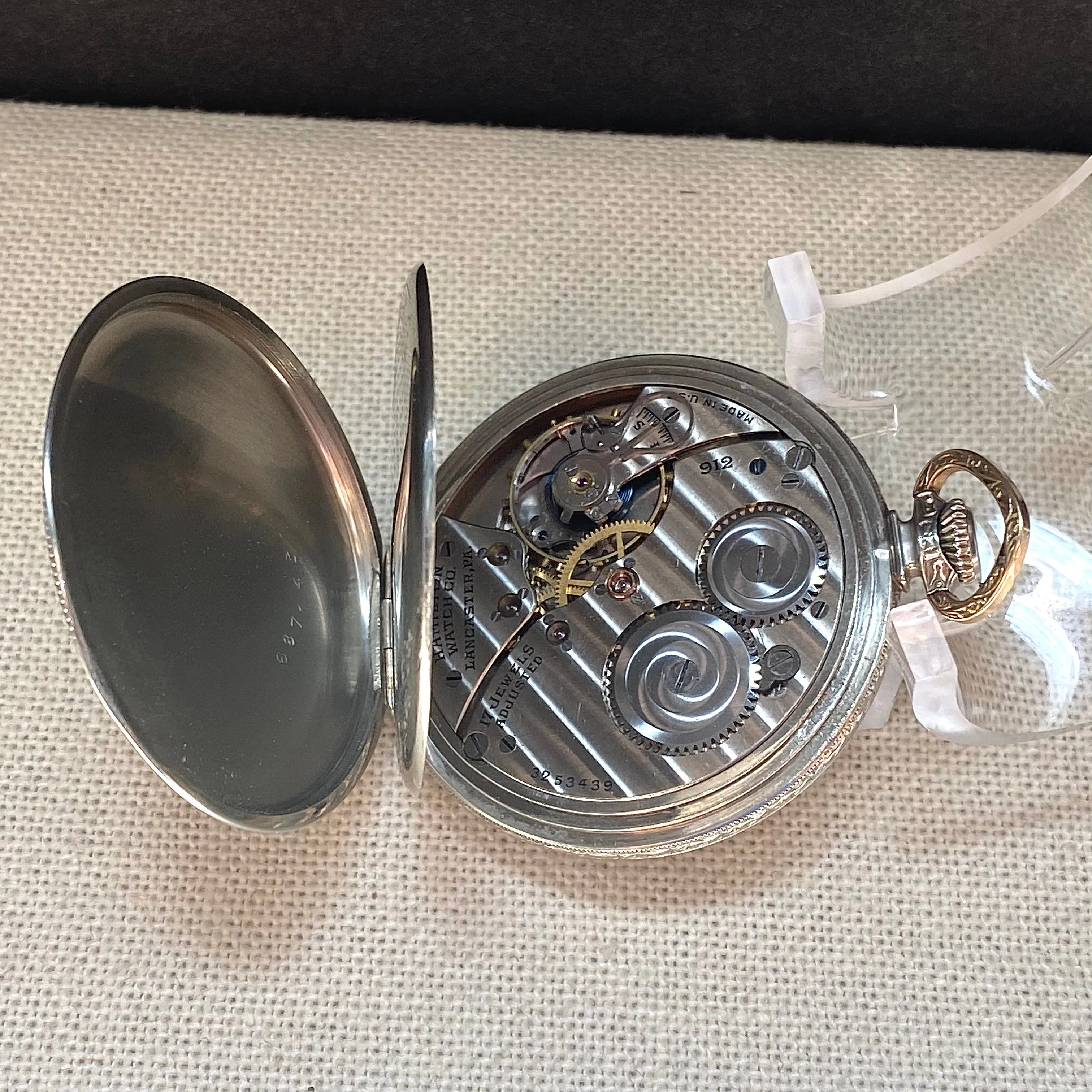 1926 HAMILTON Dress Pocket Watch 12s Grade 912 17 Jewels Adjusted Engraved Decorative 14K White G.F. - Case serial # 6871431