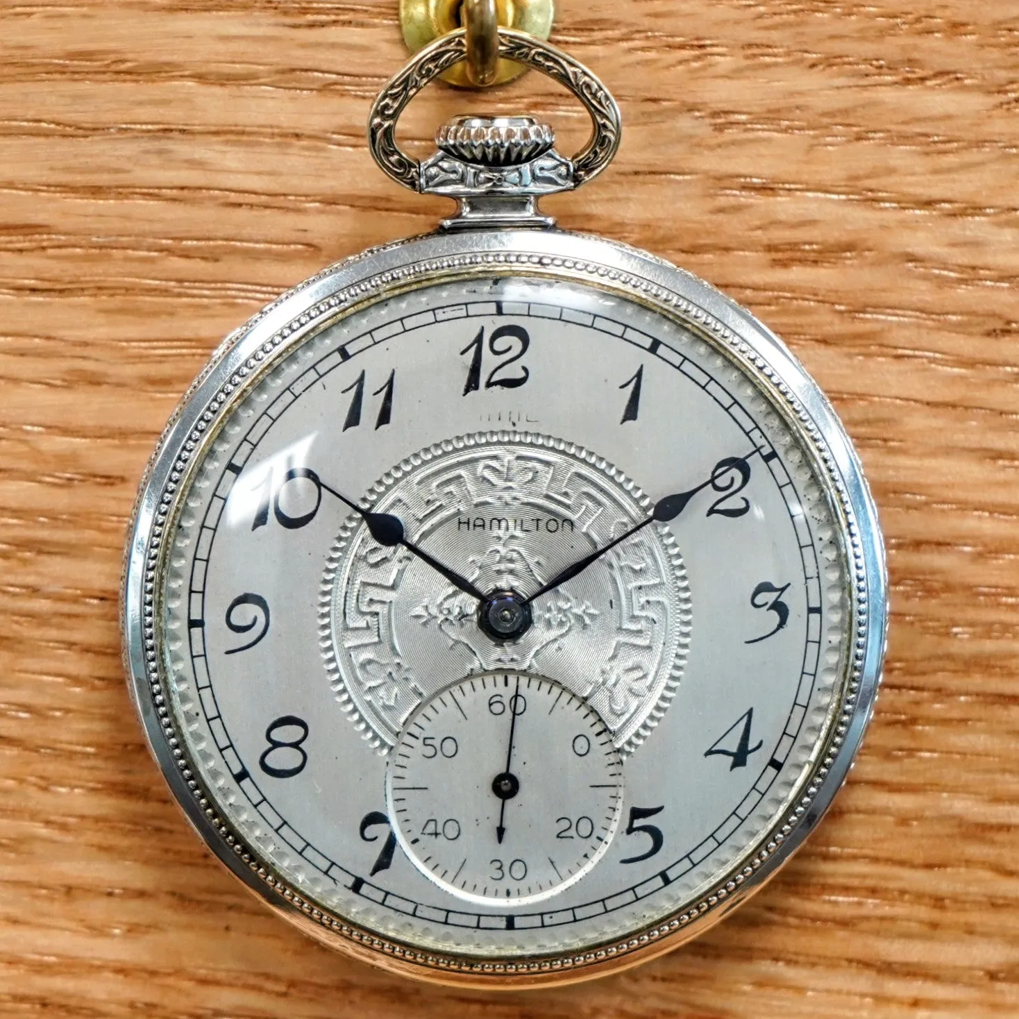 1926 HAMILTON Dress Pocket Watch 12s Grade 912 17 Jewels Adjusted Engraved Decorative 14K White G.F. - Case serial # 6871431