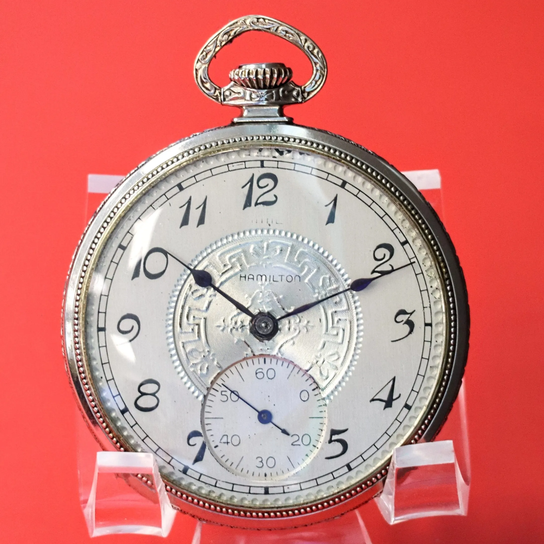 1926 HAMILTON Dress Pocket Watch 12s Grade 912 17 Jewels Adjusted Engraved Decorative 14K White G.F. - Case serial # 6871431