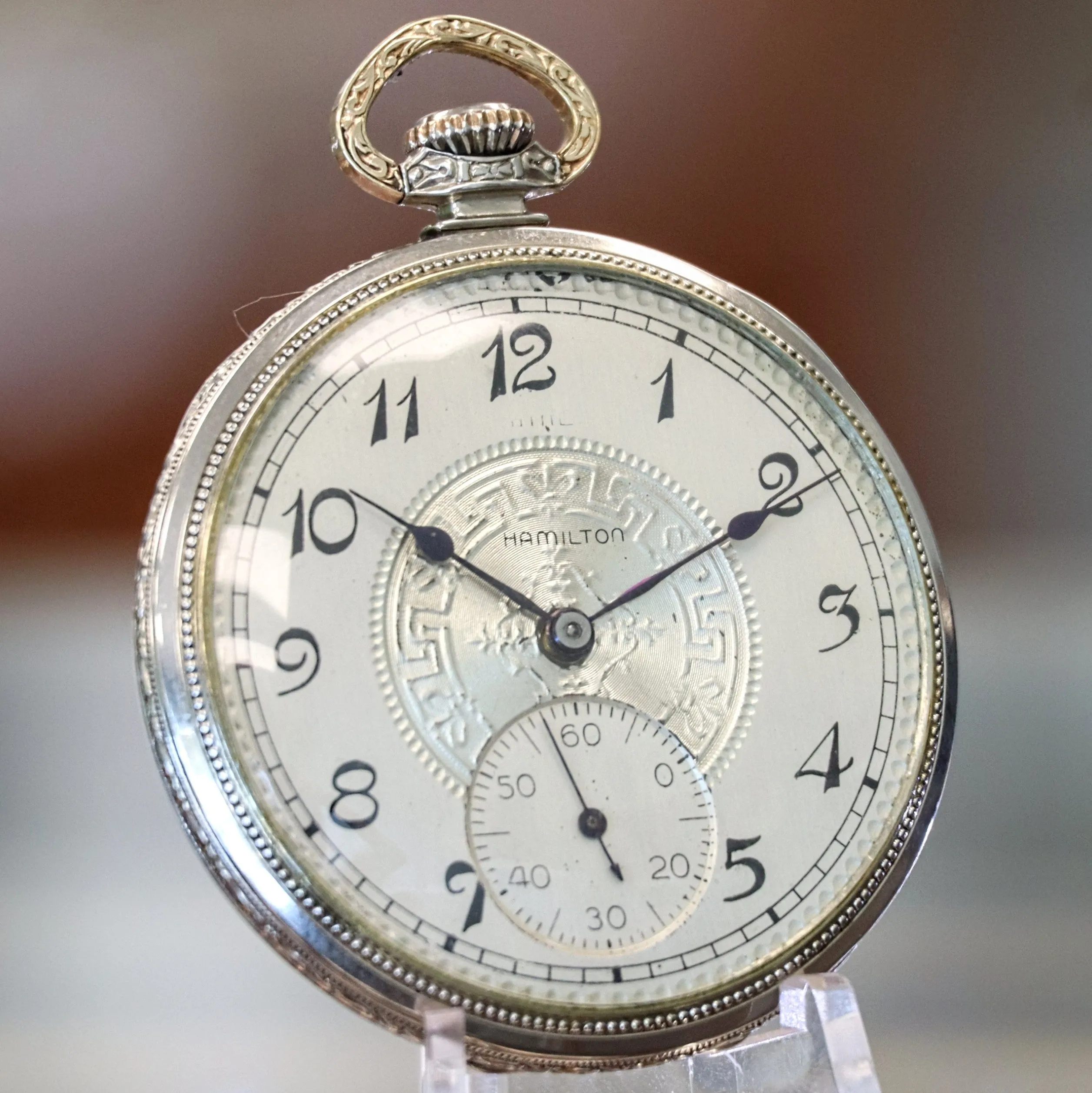 1926 HAMILTON Dress Pocket Watch 12s Grade 912 17 Jewels Adjusted Engraved Decorative 14K White G.F. - Case serial # 6871431