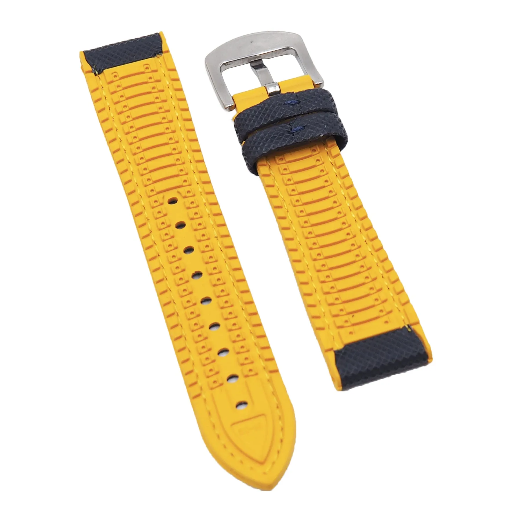 20mm, 21mm, 22mm, 23mm, 24mm Hybrid Navy Blue Fiber Yellow Rubber Watch Strap