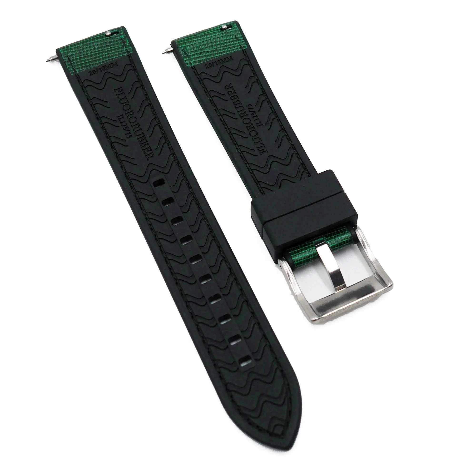 20mm, 22mm Hybrid Green Saffiano Leather FKM Rubber Watch Strap, Quick Release Spring Bars