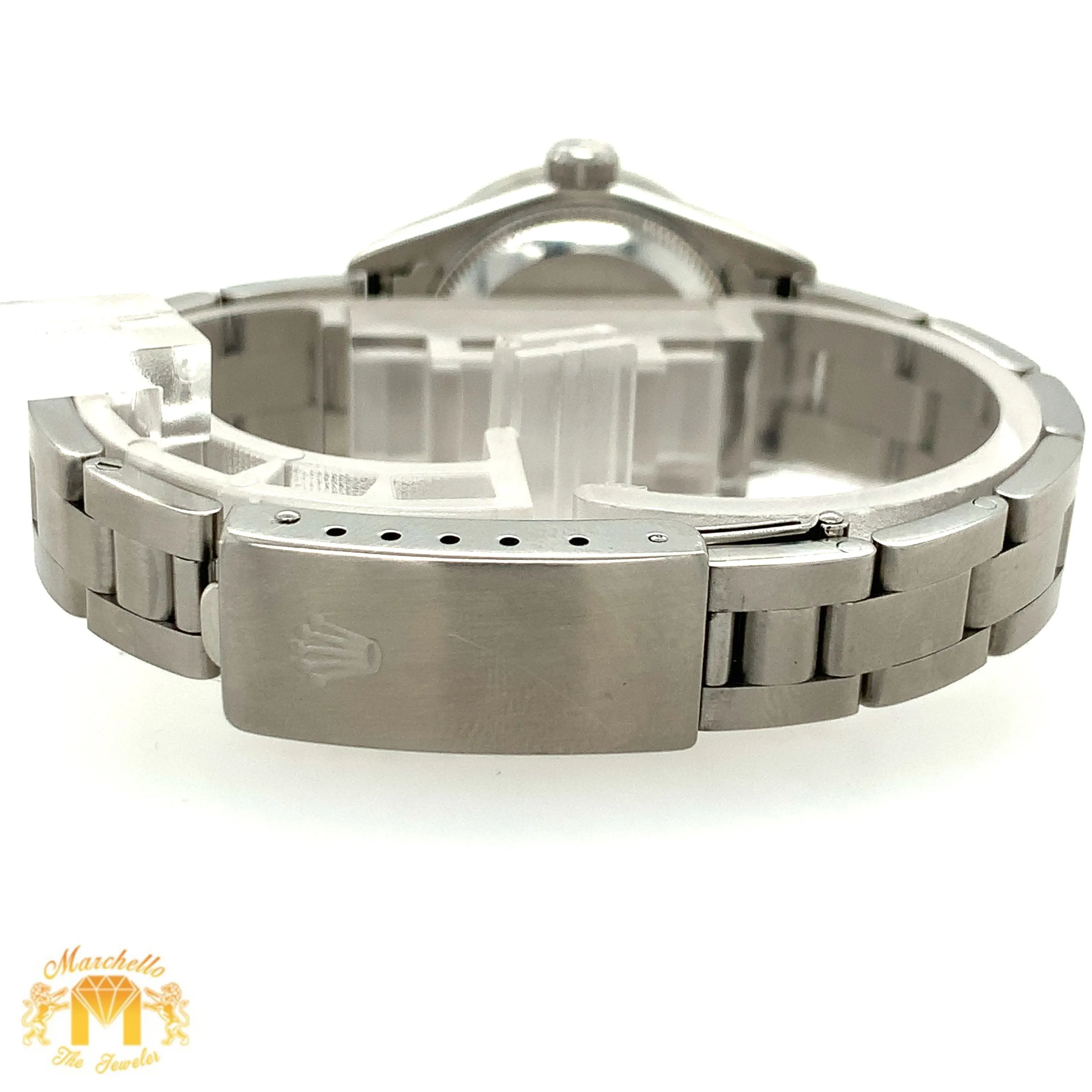 24mm Ladies’ Rolex Oyster Perpetual Stainless Steel Diamond Watch (black dial, diamond hour markers)