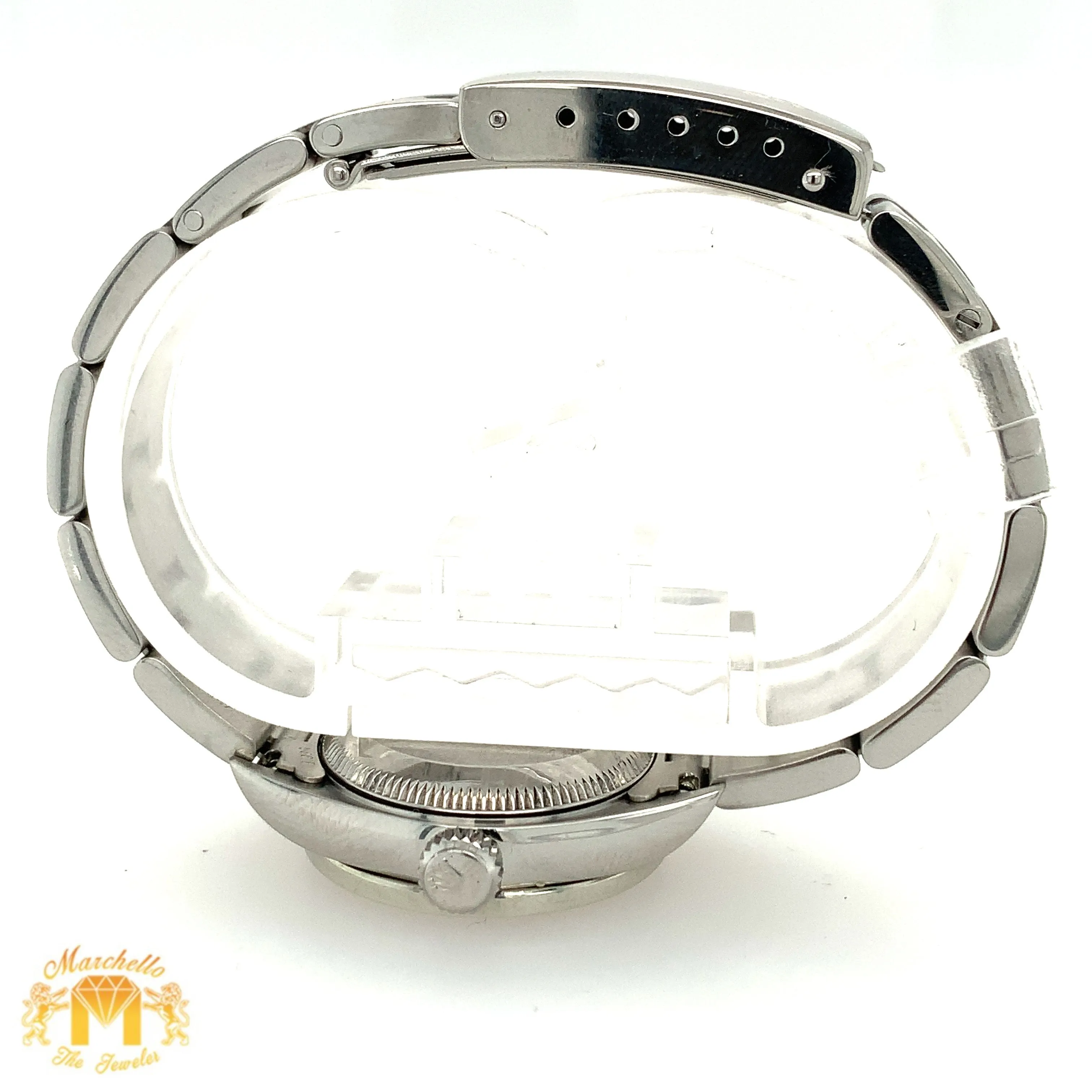 24mm Ladies’ Rolex Oyster Perpetual Stainless Steel Diamond Watch (black dial, diamond hour markers)