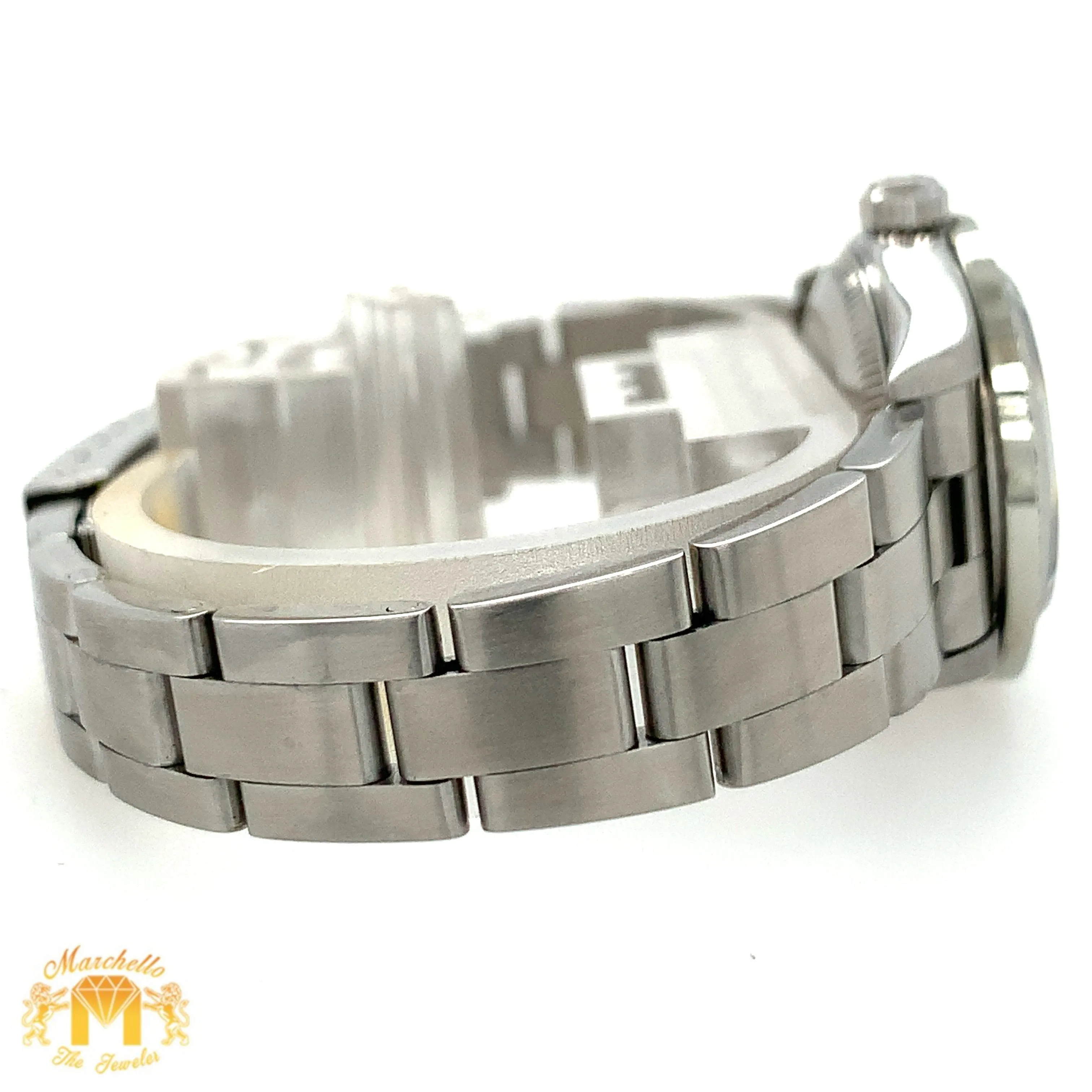 24mm Ladies’ Rolex Oyster Perpetual Stainless Steel Diamond Watch (black dial, diamond hour markers)