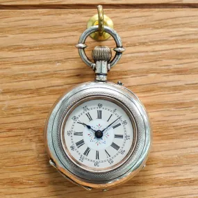 Antique Ladies Pocket Watch Openface Silver Case Button Set Remontoir Cylindre 10 Rubis Decorated Dial