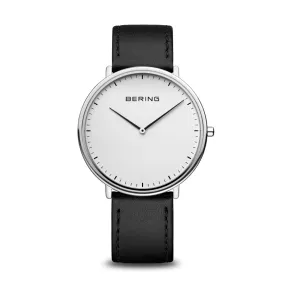 Bering 39mm Classic Ultra Slim White Quartz Watch with a Black Leather Strap
