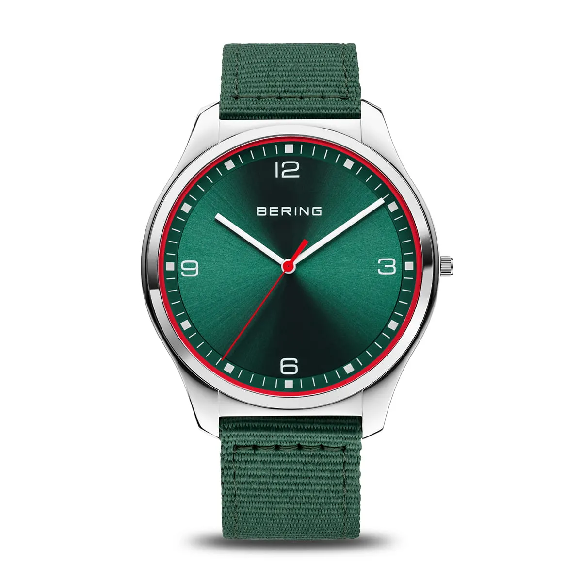 Bering 43mm Ultra Slim Green Quartz Watch with a Green Fabric Strap