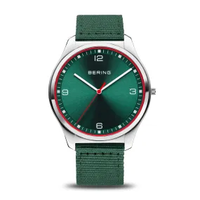 Bering 43mm Ultra Slim Green Quartz Watch with a Green Fabric Strap