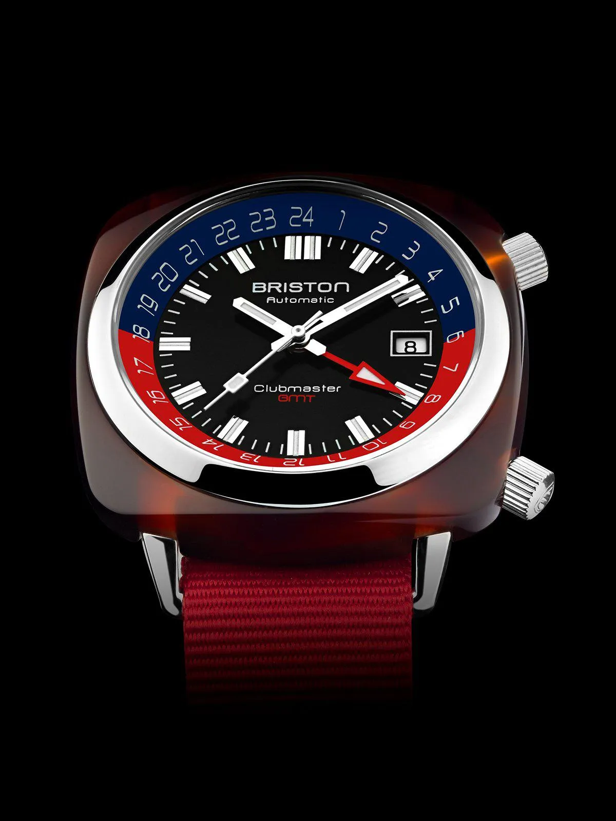 Briston Clubmaster GMT Traveler HMS Automatic Acetate Black Dial Red Nato Strap 42mm