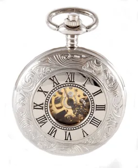 David Aster Silver Patterned Half Hunter Mechanical Pocket Watch
