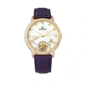 Empress Quinn Automatic MOP Semi-Skeleton Dial Leather-Band Watch - Purple
