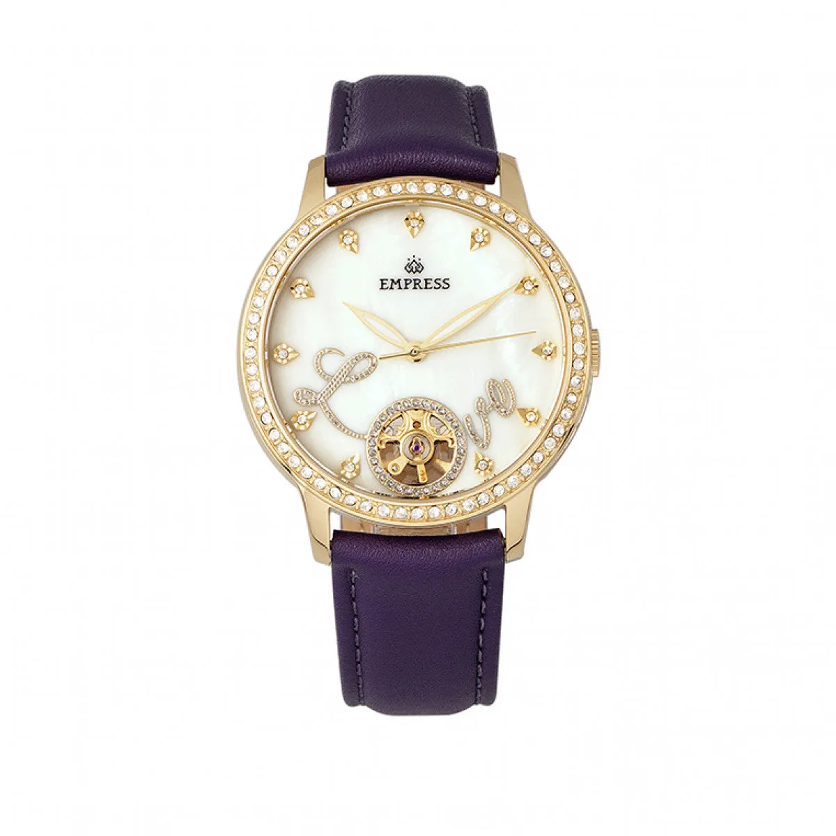 Empress Quinn Automatic MOP Semi-Skeleton Dial Leather-Band Watch - Purple