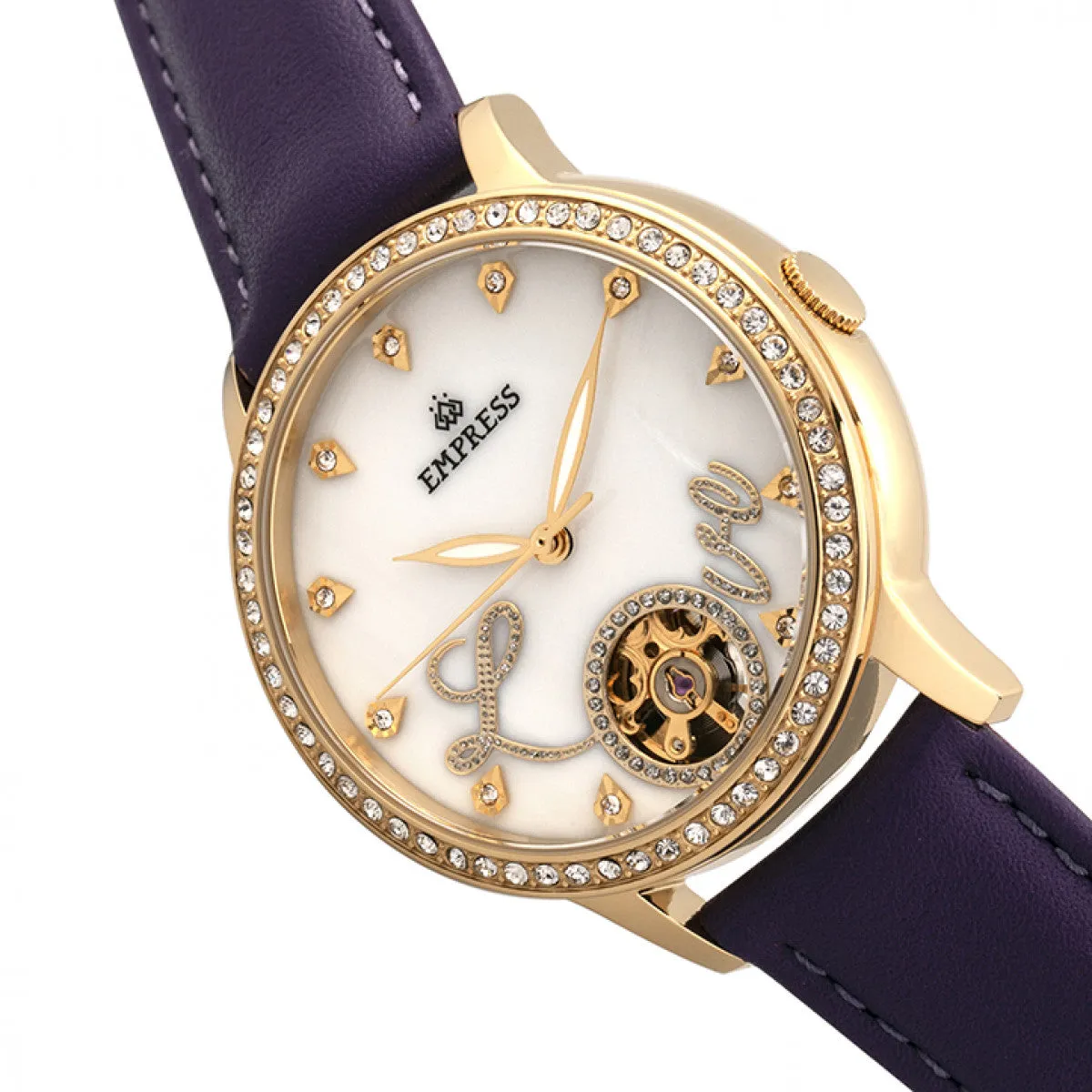 Empress Quinn Automatic MOP Semi-Skeleton Dial Leather-Band Watch - Purple