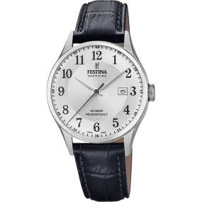Festina Swiss Quarts Date, Numbers 100M WR Stainless Steel Case Black Leather Strap