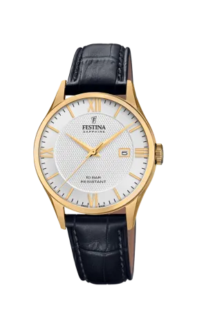 Festina Swiss Quartz Date 100M WR Stainless Steel/Yellow Gold Plate Case and Black Leather Strap