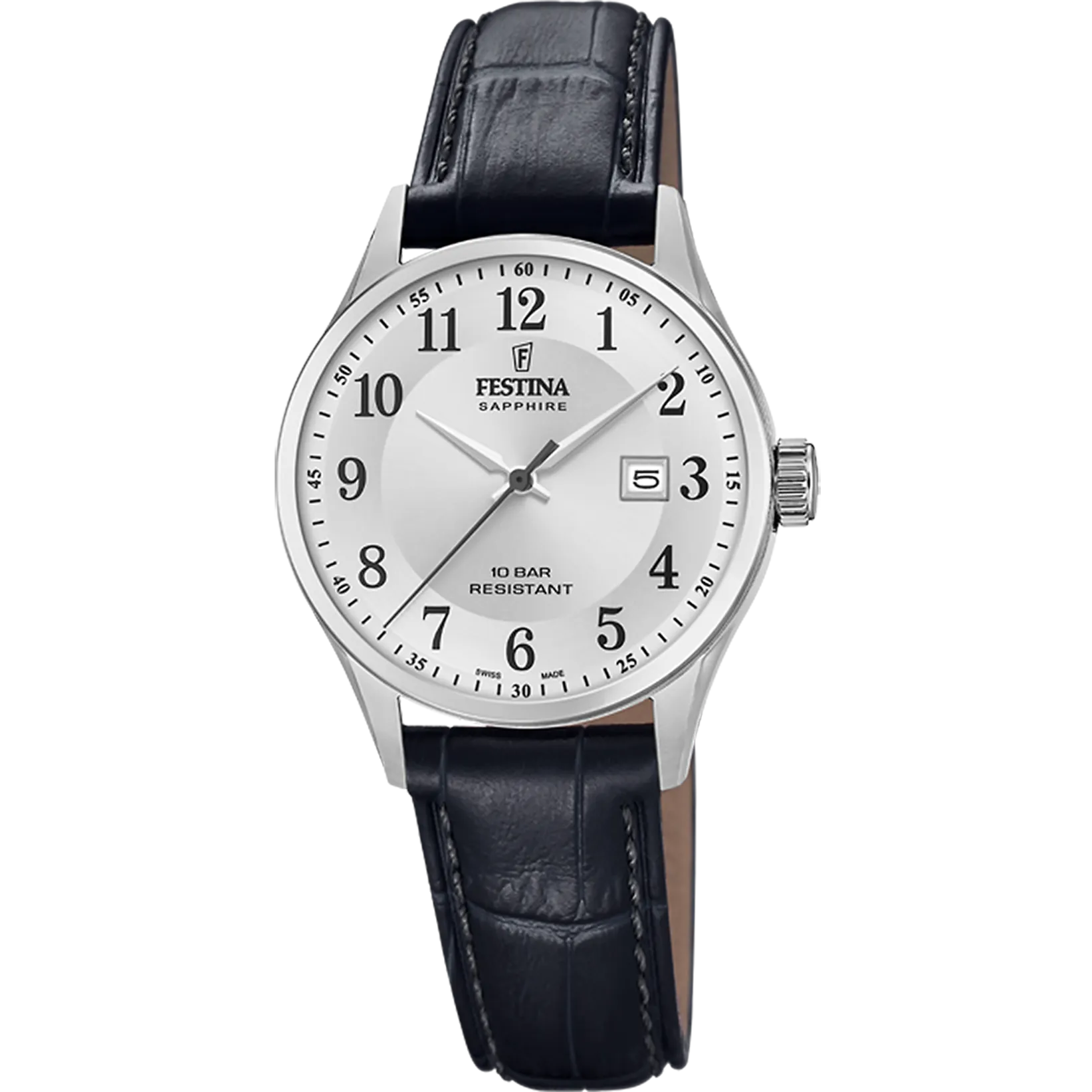 Festina Swiss Quartz Date Numbers 100M WR Stainless Steel Case Black Leather Strap
