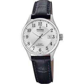 Festina Swiss Quartz Date Numbers 100M WR Stainless Steel Case Black Leather Strap