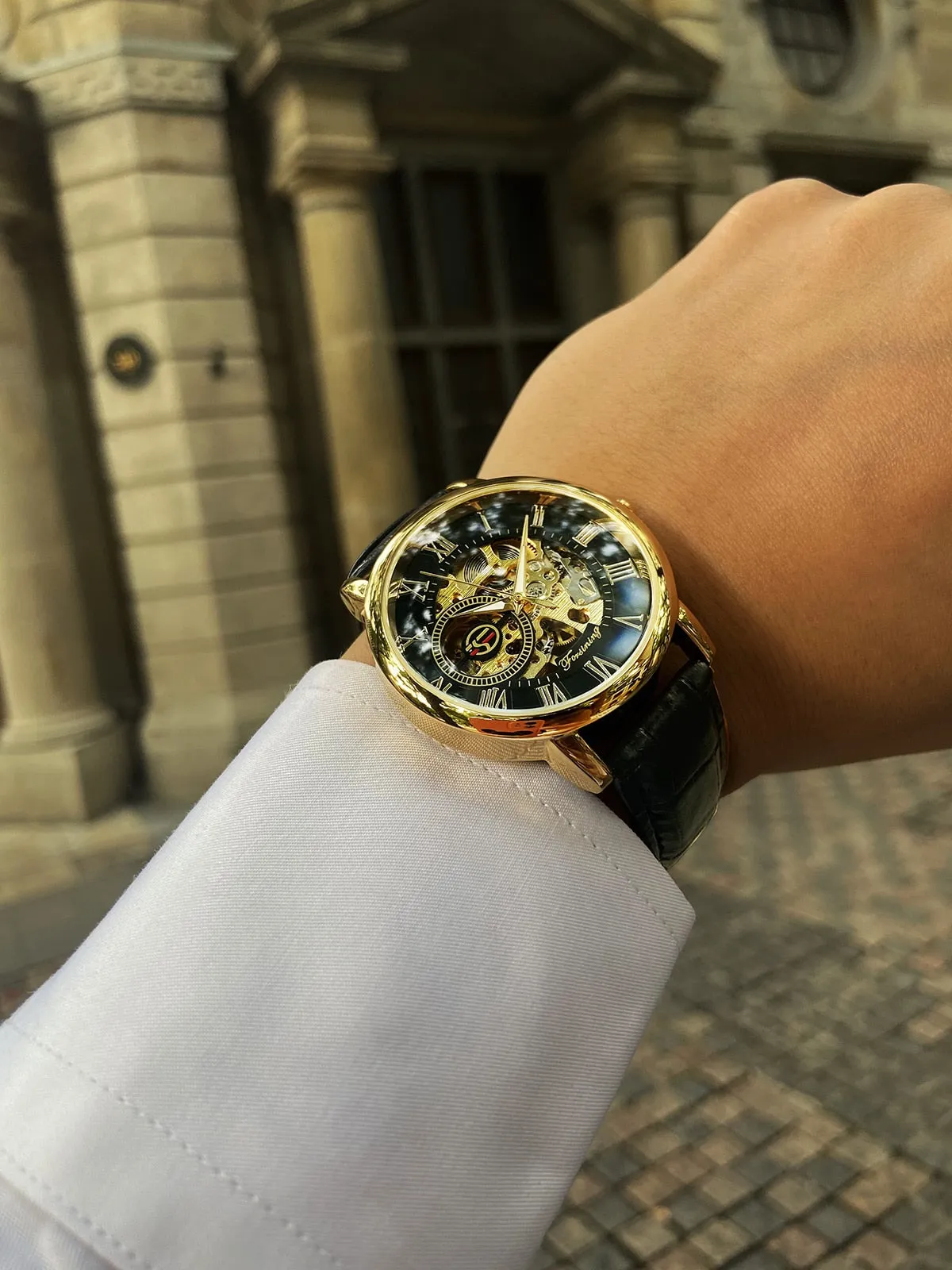 Forsining 3d Logo Design Hollow Engraving Black Gold Case Leather Skeleton Mechanical Watches Men Luxury Brand Heren Horloge