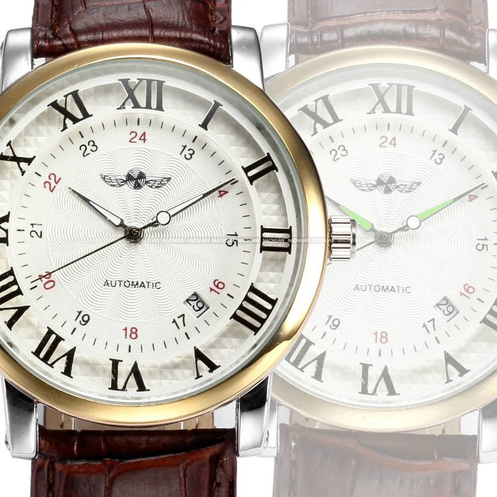 Gold Sport Wristwatches Self wind Automatic Mechanical Calendar Leather Watch