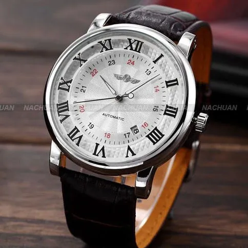 Gold Sport Wristwatches Self wind Automatic Mechanical Calendar Leather Watch