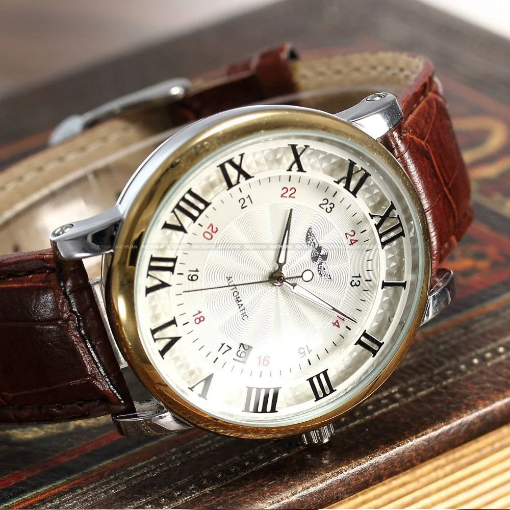 Gold Sport Wristwatches Self wind Automatic Mechanical Calendar Leather Watch