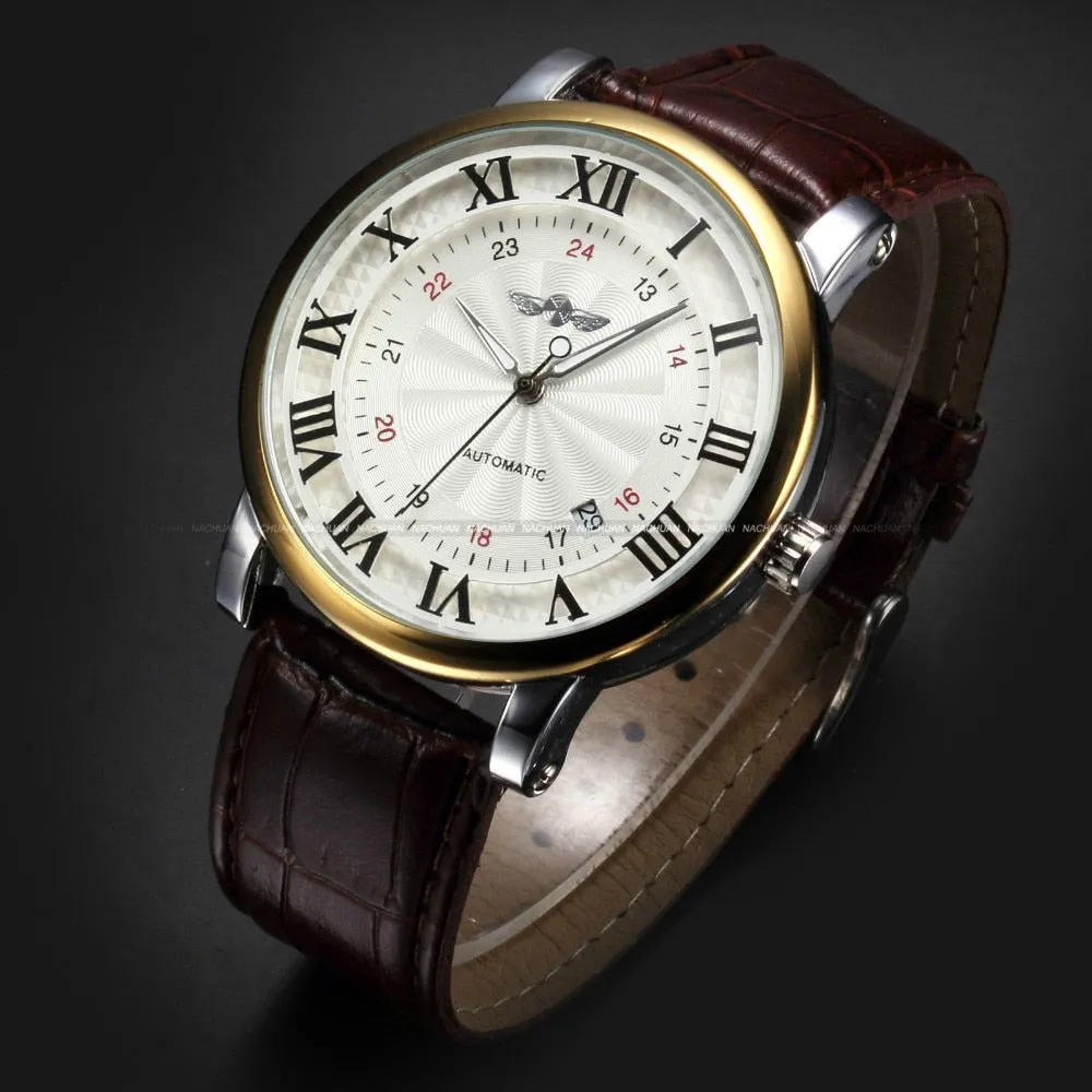 Gold Sport Wristwatches Self wind Automatic Mechanical Calendar Leather Watch