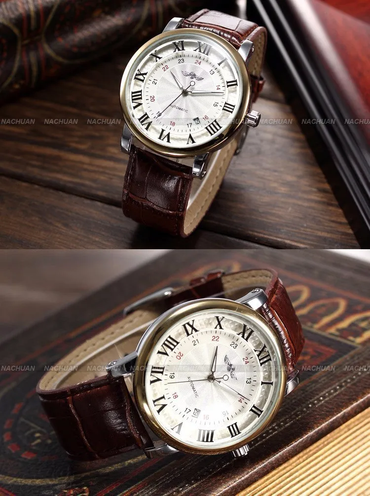 Gold Sport Wristwatches Self wind Automatic Mechanical Calendar Leather Watch