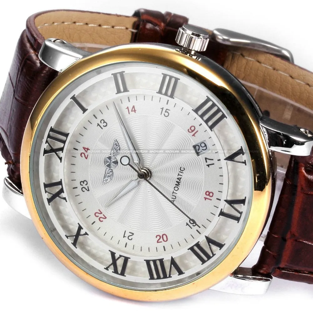 Gold Sport Wristwatches Self wind Automatic Mechanical Calendar Leather Watch