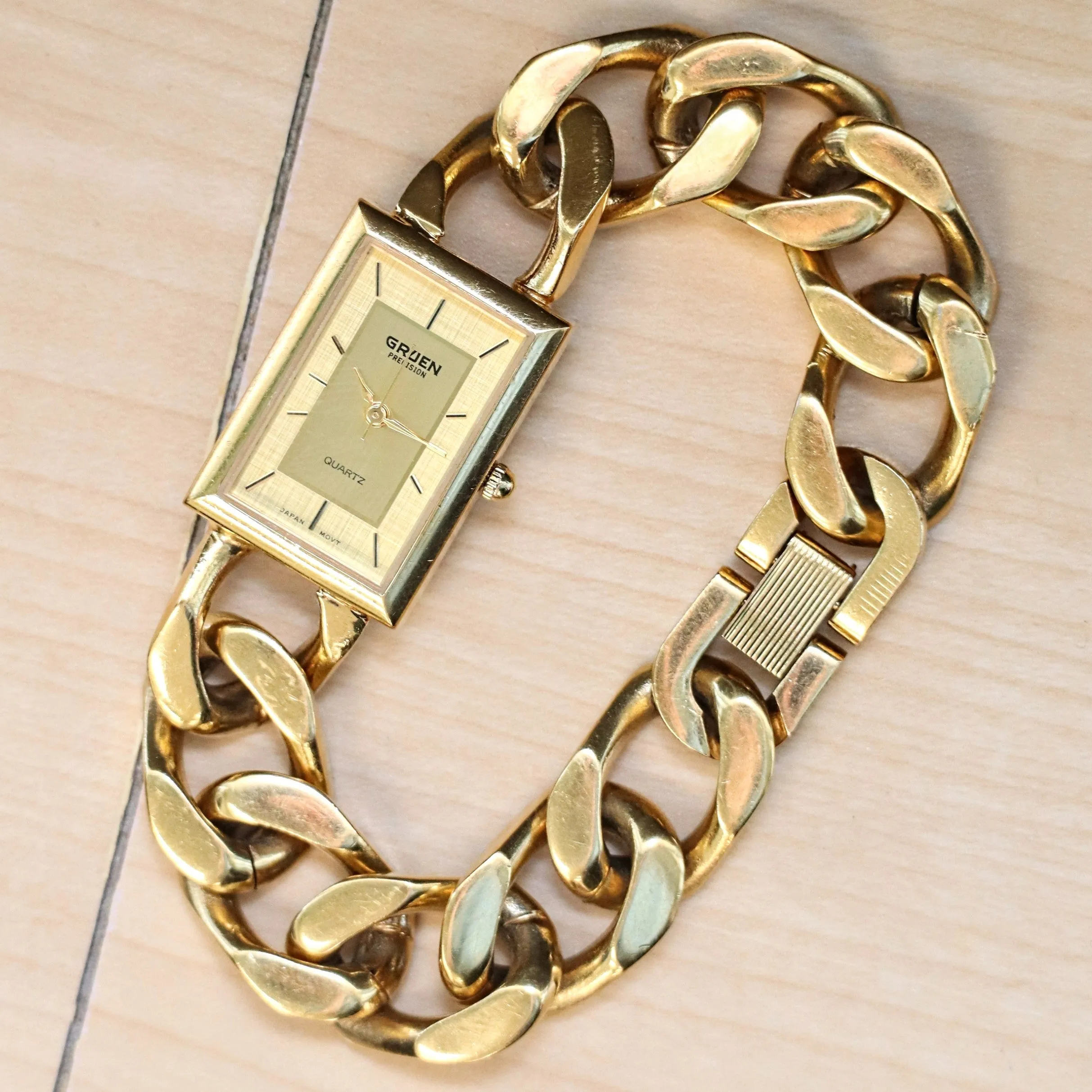 GRUEN Precision Quartz Ladies Watch Gold Plated Link Chain Bracelet Wristwatch