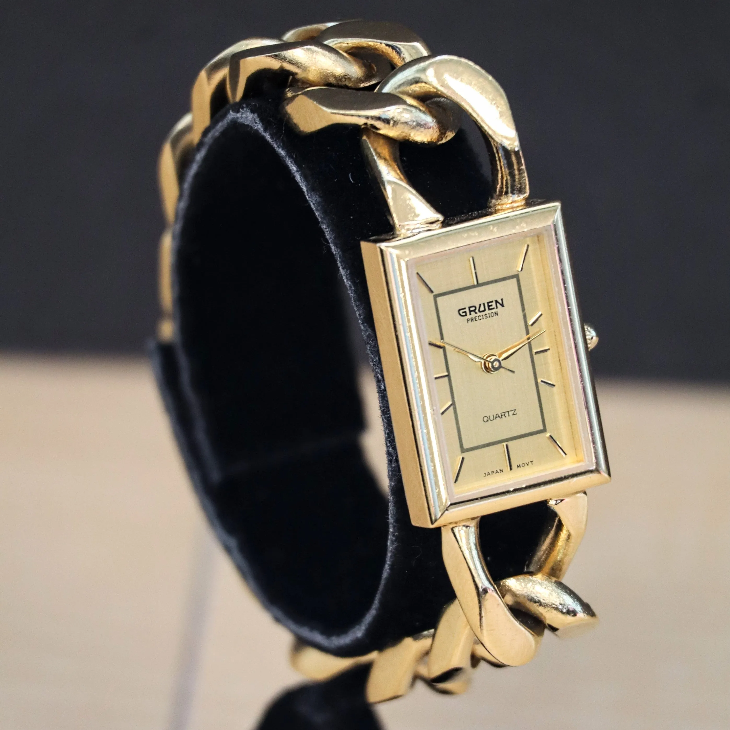 GRUEN Precision Quartz Ladies Watch Gold Plated Link Chain Bracelet Wristwatch