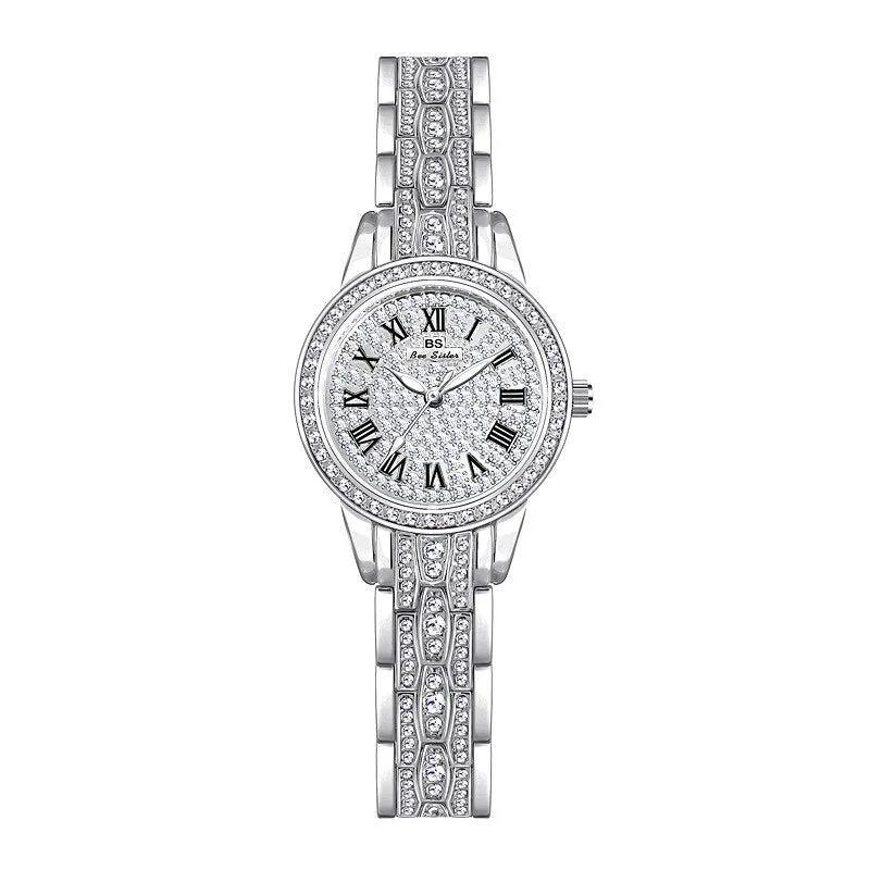 Hip Hop Luxury Women's Small Diamond Decor Silver Bracelet Wristwatch
