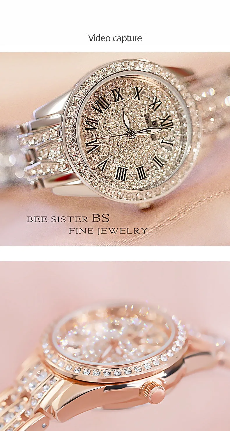 Hip Hop Luxury Women's Small Diamond Decor Silver Bracelet Wristwatch