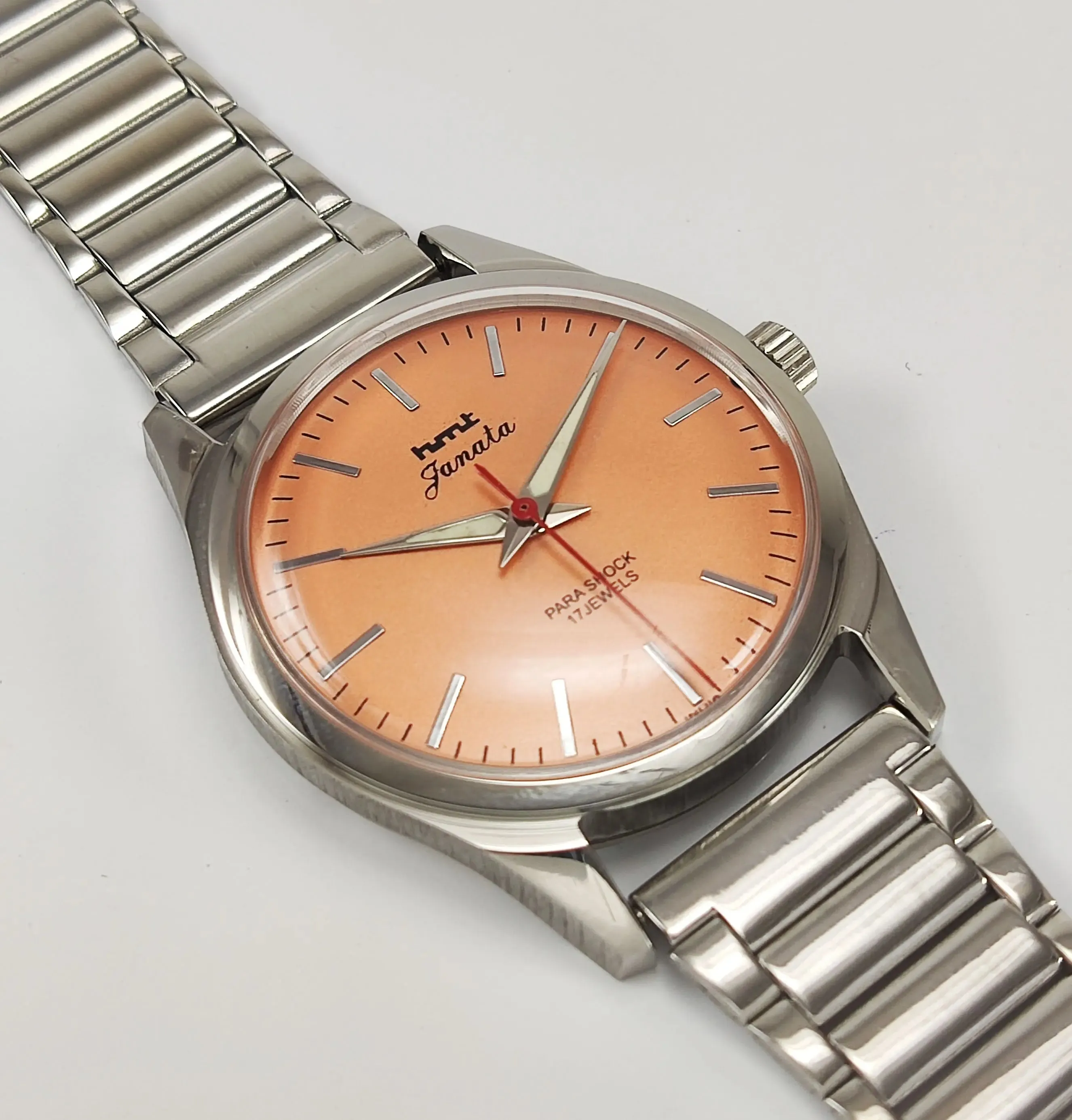 HMT Janata Para Shock 17 Jewels Orange Dial Transparent Back Mechanical Hand winding Men's Wrist Watch