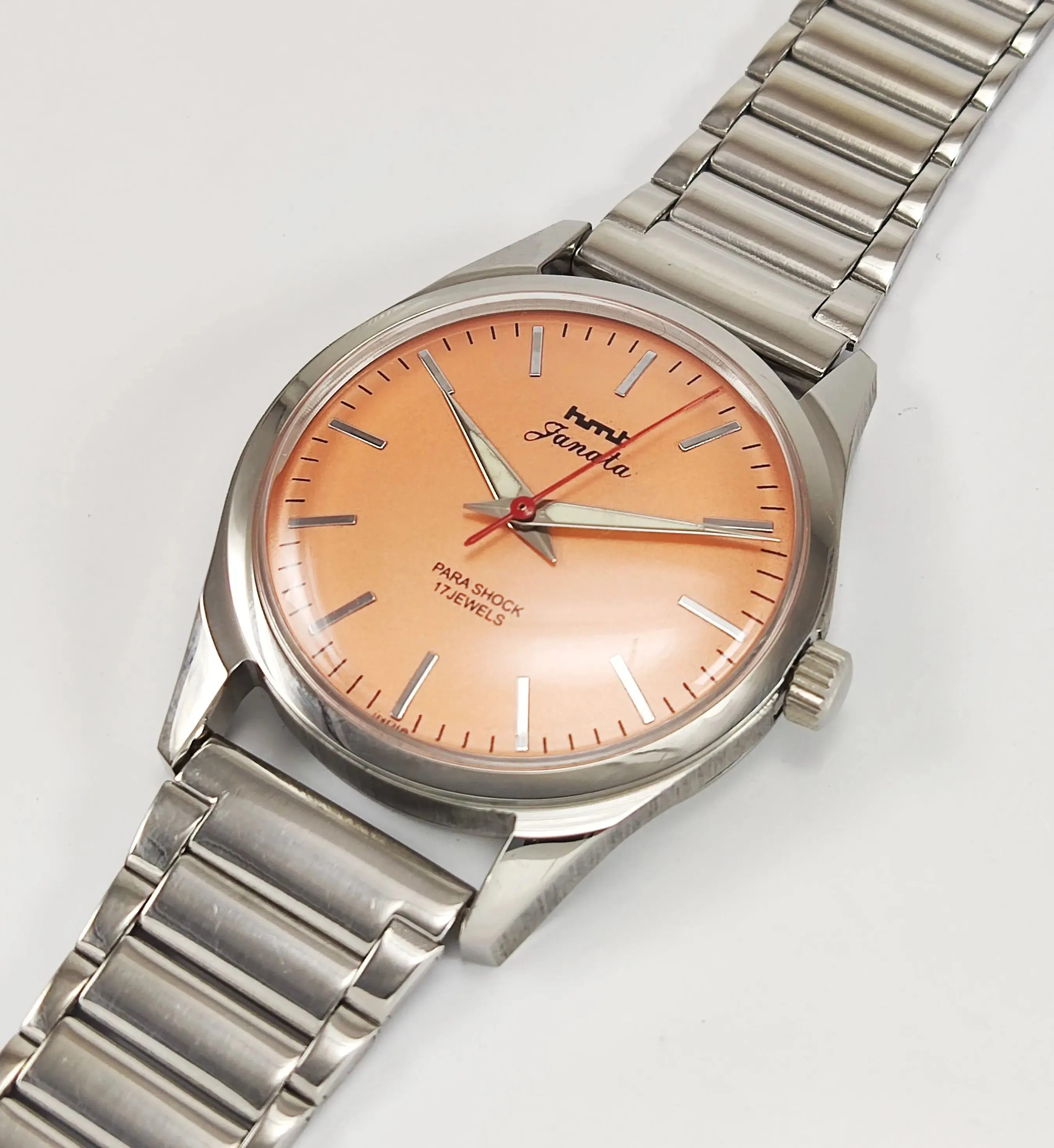 HMT Janata Para Shock 17 Jewels Orange Dial Transparent Back Mechanical Hand winding Men's Wrist Watch
