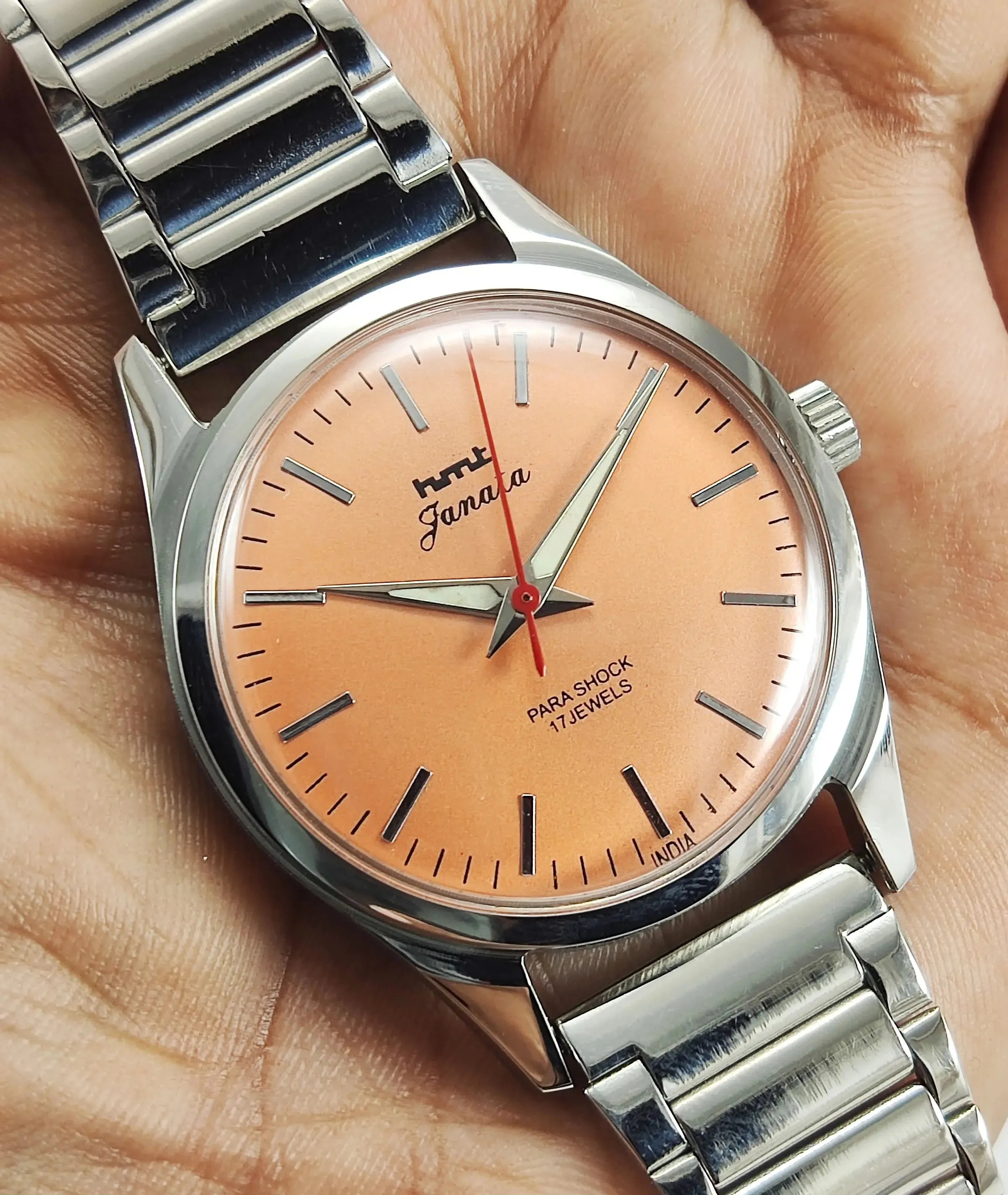 HMT Janata Para Shock 17 Jewels Orange Dial Transparent Back Mechanical Hand winding Men's Wrist Watch