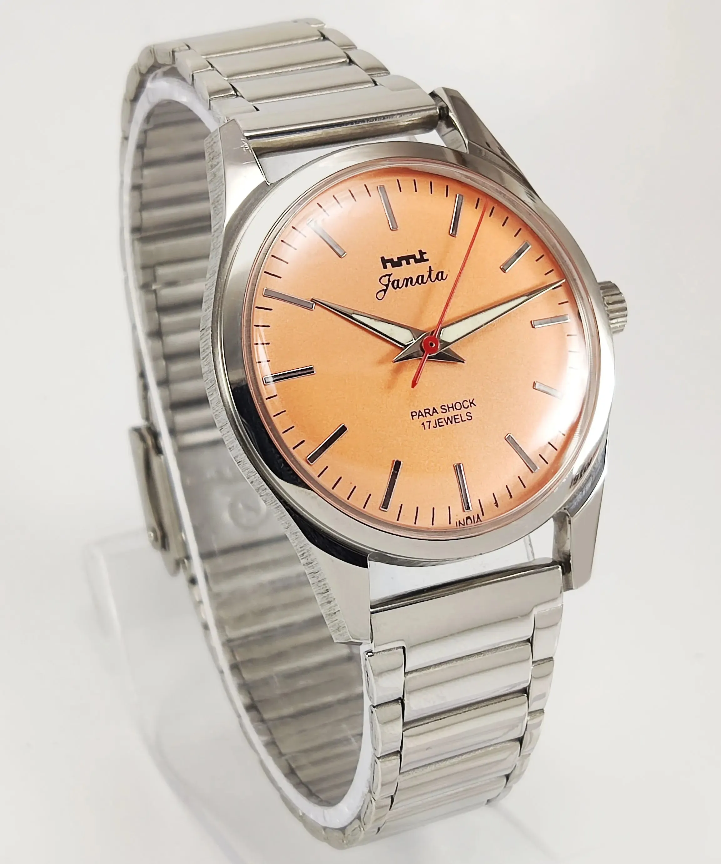 HMT Janata Para Shock 17 Jewels Orange Dial Transparent Back Mechanical Hand winding Men's Wrist Watch
