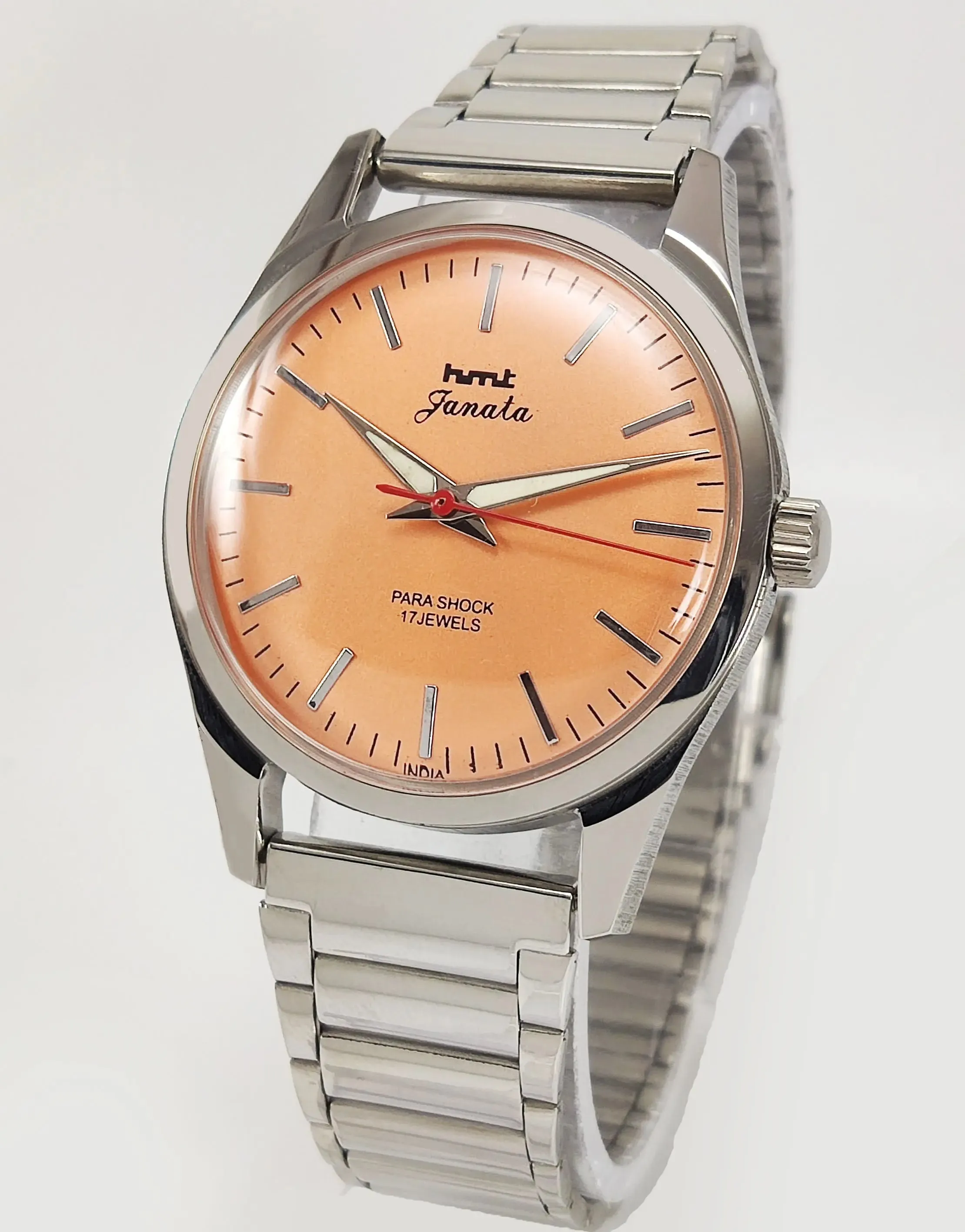 HMT Janata Para Shock 17 Jewels Orange Dial Transparent Back Mechanical Hand winding Men's Wrist Watch
