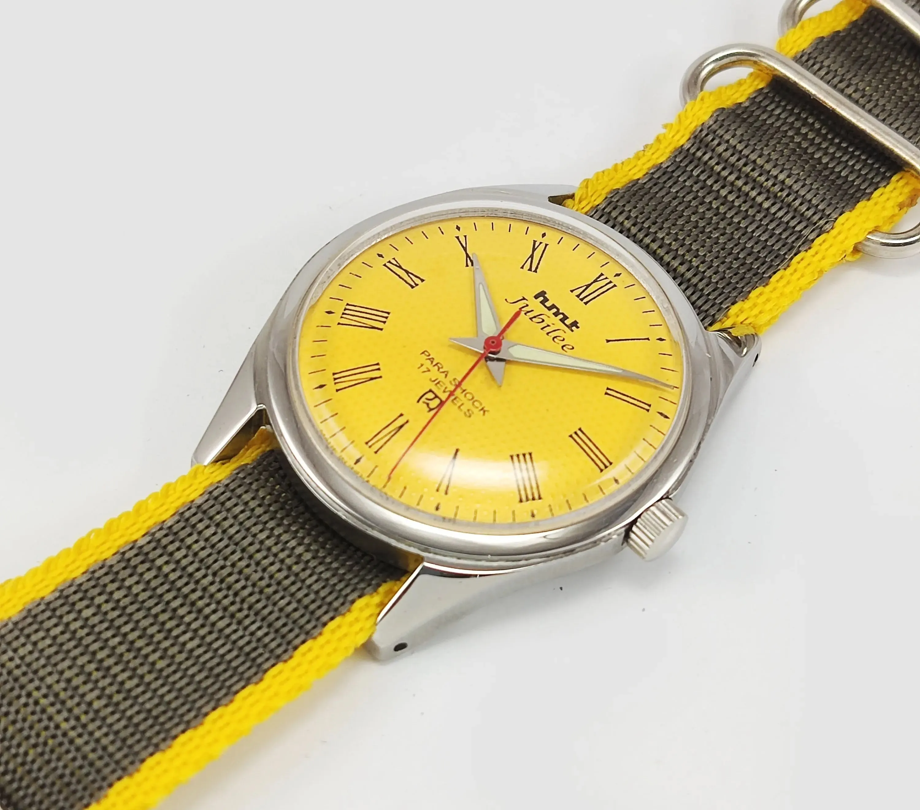 HMT Jubilee Para Shock 17 Jewels Sun Yellow Dial Mechanical Hand winding Men's Wrist Watch