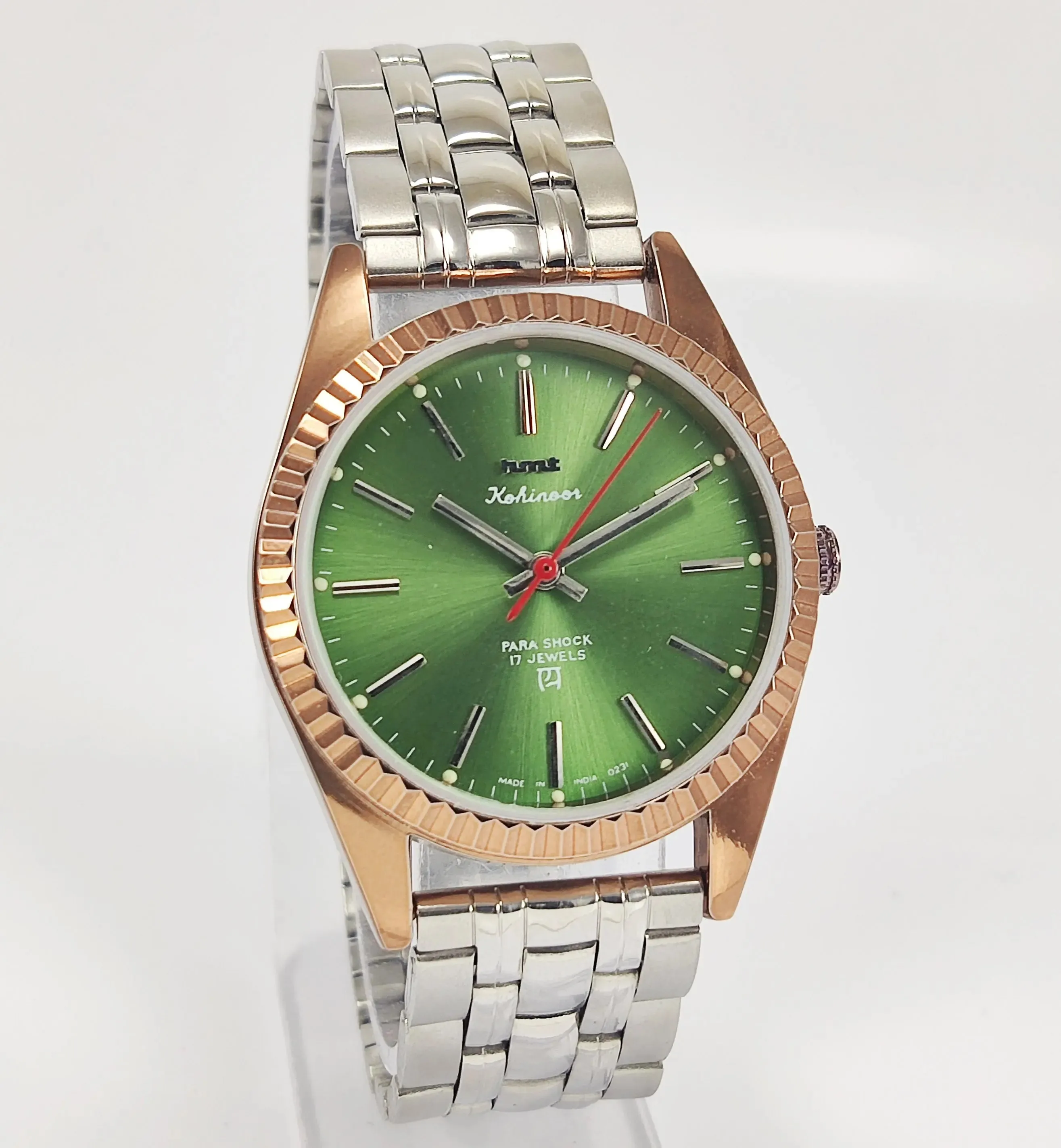 HMT Kohinoor Para Shock 17 Jewels Green Dial Transparent Back Mechanical Hand winding Men's Wrist Watch