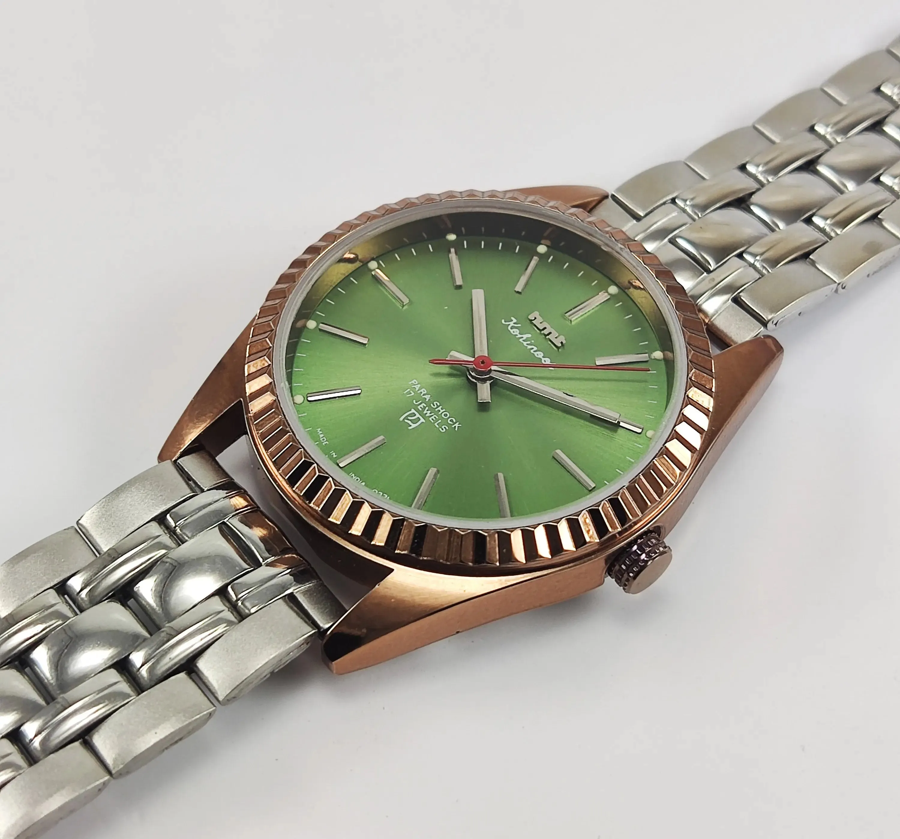 HMT Kohinoor Para Shock 17 Jewels Green Dial Transparent Back Mechanical Hand winding Men's Wrist Watch