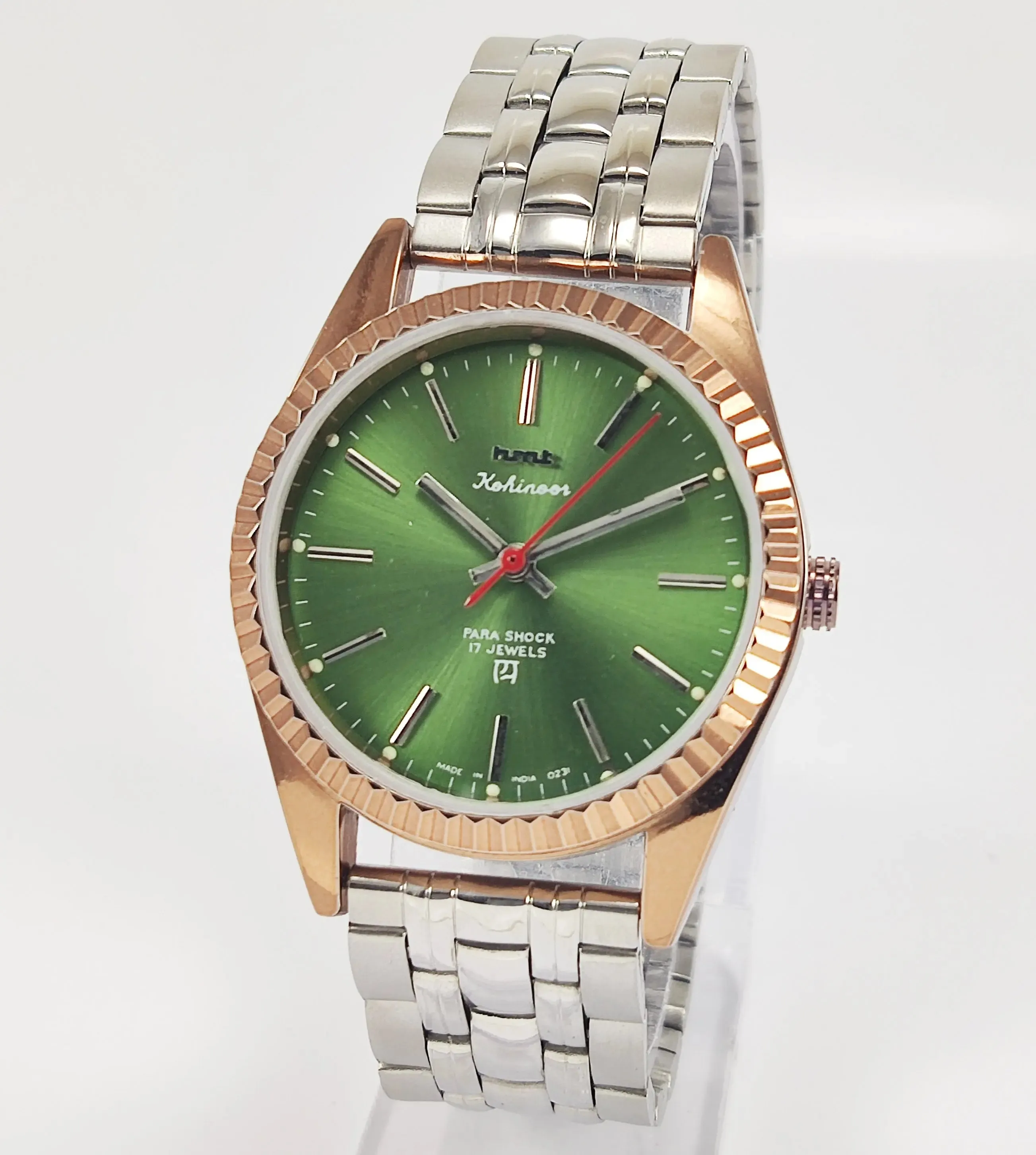 HMT Kohinoor Para Shock 17 Jewels Green Dial Transparent Back Mechanical Hand winding Men's Wrist Watch