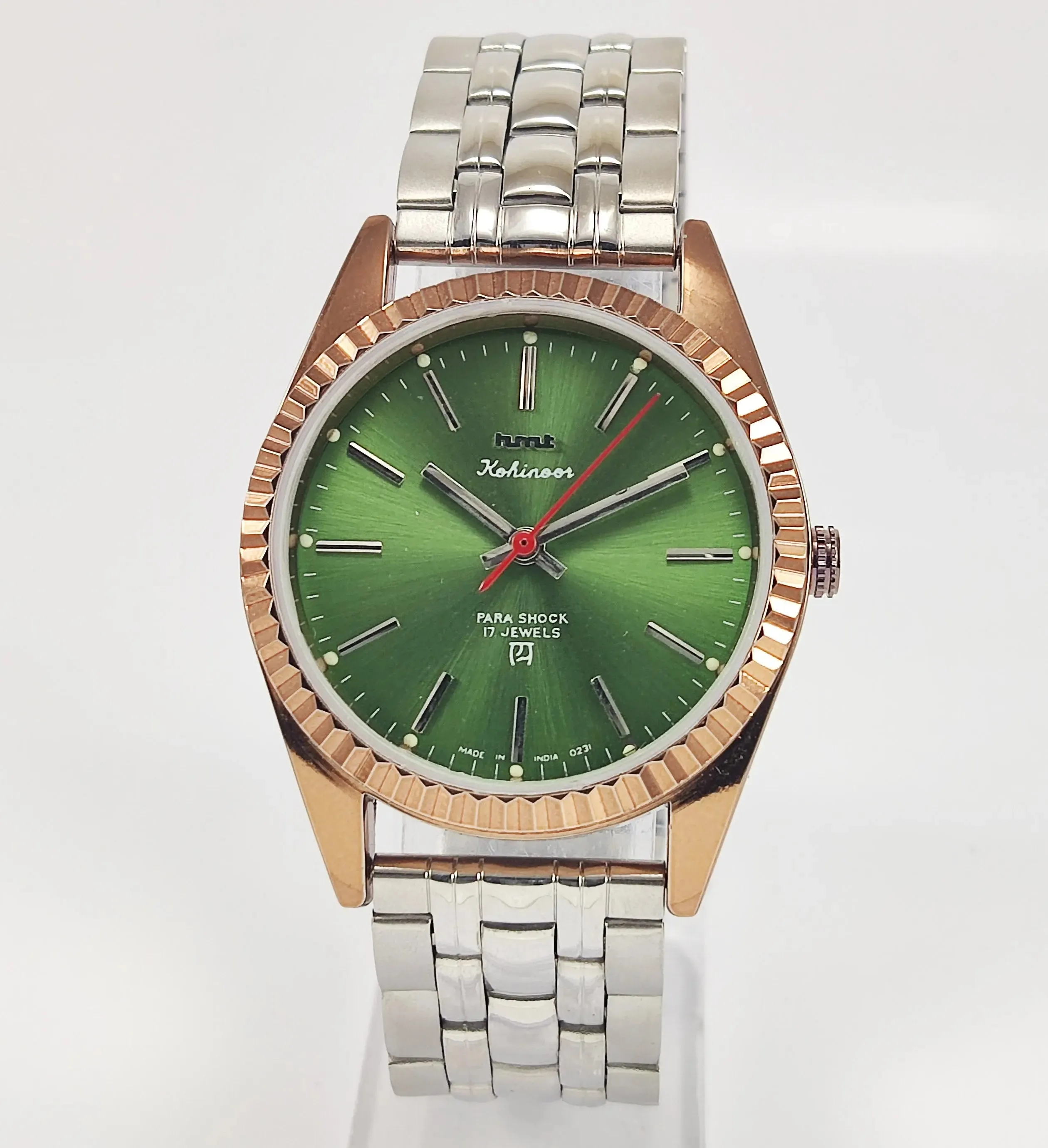 HMT Kohinoor Para Shock 17 Jewels Green Dial Transparent Back Mechanical Hand winding Men's Wrist Watch
