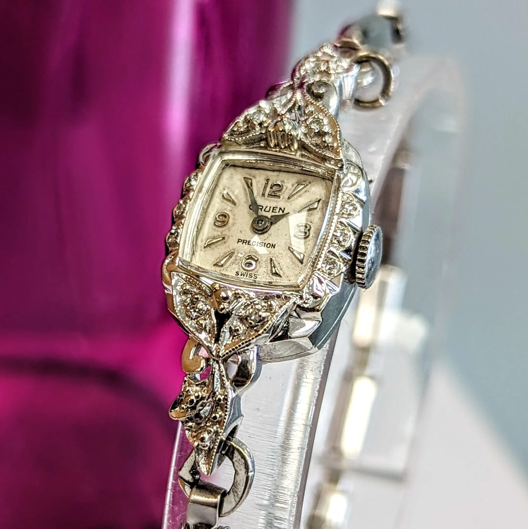 Ladies GRUEN Cocktail Watch 14K White GOLD Cal. 275 17 Jewels Vintage Wristwatch