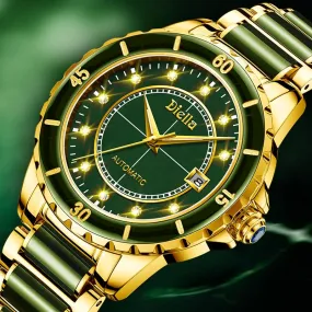 Natural Emerald Jade Men Full Automatic Mechanical Watches Sapphire Dial Switzerland Men&#39;s Wristwatches Calendar Luminous Hands