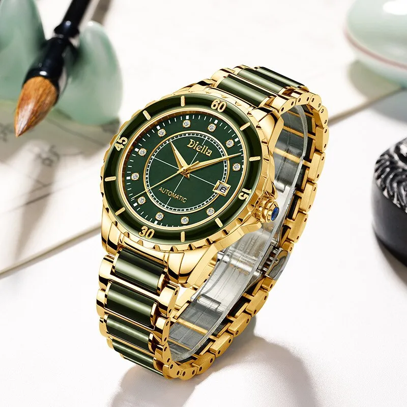 Natural Emerald Jade Men Full Automatic Mechanical Watches Sapphire Dial Switzerland Men&#39;s Wristwatches Calendar Luminous Hands