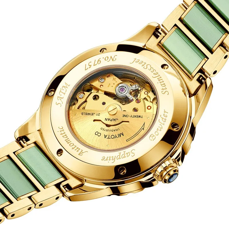 Natural Emerald Jade Men Full Automatic Mechanical Watches Sapphire Dial Switzerland Men&#39;s Wristwatches Calendar Luminous Hands
