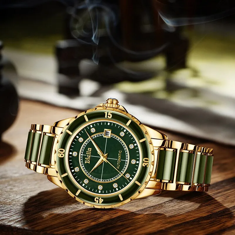 Natural Emerald Jade Men Full Automatic Mechanical Watches Sapphire Dial Switzerland Men&#39;s Wristwatches Calendar Luminous Hands